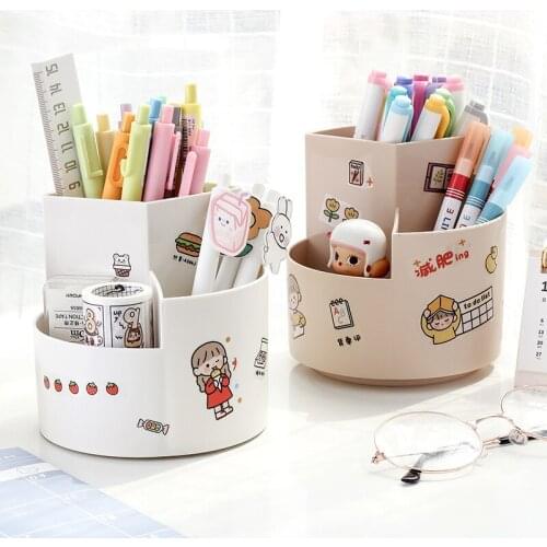 360 Degree Rotation Cute 3 Grid Drawer Desktop Storage Box Desk Organizer Holder Free Sticker School Office Stationery
