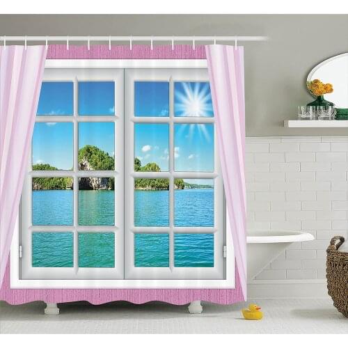 House Shower Curtain Ocean View from The Window On Island in Sunny Summer Day Peace Relax Rest and Forget Bathroom Curtains