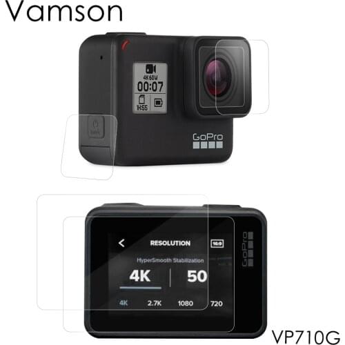 Vamson for Go Pro Hero 7 6 5Black Lens Cap LCD Screen Protective Film Tempered Glass Protector Cover Case for GoPro VP710G