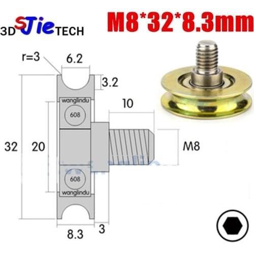 1pcs M8*32*8.3mm 8x32x8.3mm U type metal rust proof, over wire rope guide wheel suspension wheel, 608zz bearing pulley roller