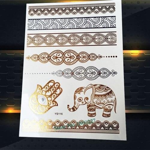 1PC Removable Flash Metallic Tattoo Sticker Ganesha, Water Transfer Fake Tattoo Hamsa, Gold Tattoo Bracelet Elephant Henna Hand