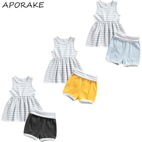 2021 1-6Y Casual Toddler Boy Girl Clothes Set Striped Print Sleeveless Dress Top+Patch Shorts Summer Cotton Outfits 2pcs