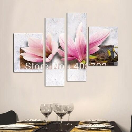 4panels pure hand painted oil paintings elegant pink flower for decoration Free shipping