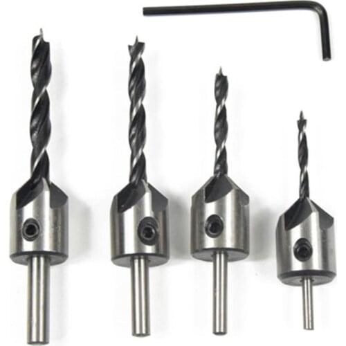 4 PCS HCS 5 Flute Countersink Drill Bit Set Screw Woodworking Drill Press Set Reamer Screw Woo Tool 3-6mm