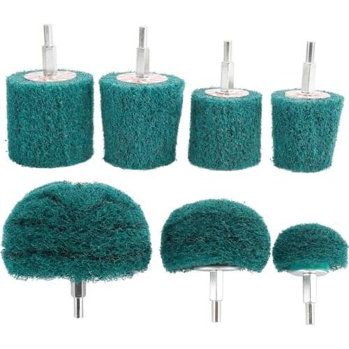 7PCS Non Woven Abrasive Buffing Wheels Drill Attachment Set Green Scouring Pads Wheel with 1/4inch Shank for Polishing Promotion