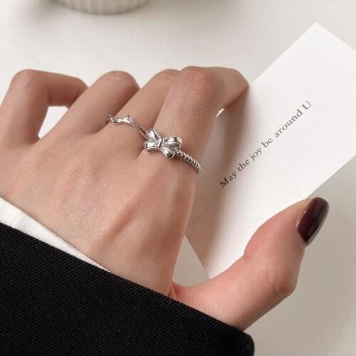 AKAFASHION Ins Tide Twist Ring Female Korean Version of Personality Art Student Net Red Design Sense Thread Bow Open Ring