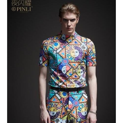 Free Shipping mens male casual creative printed short sleeved t shirt BY183111005