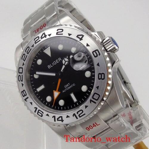 40mm Sterile Orange Sapphire Crystal Automatic Men Watch Date Luminous 904L Oyster Bracelet GMT Hands