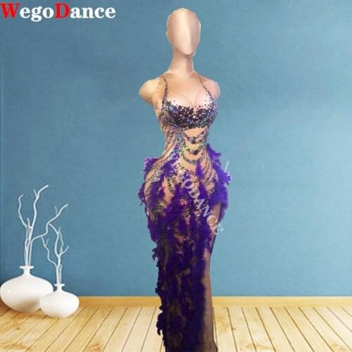 Sexy Purple Crystal Feather Long Women Sleeveless Stretch Nude Evening Party Dress Singer Stage High Slit Rhinestone