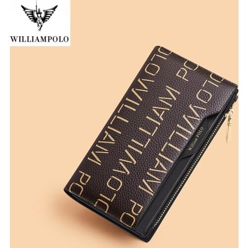 WILLIAMPOLO Genuine Leather Long Womens Wallet Multi-Card Holder Simple Large-Capacity zipper lady purses casul card holder