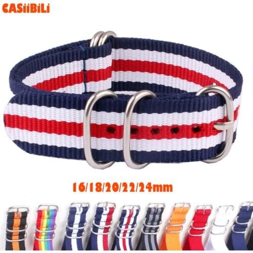 For NATO OTAN Nylon Perlon Stripe color 16 18 20 22 24mm Width Watch Band Strap Military Sport Diver Stainless Ring Pin Buckle