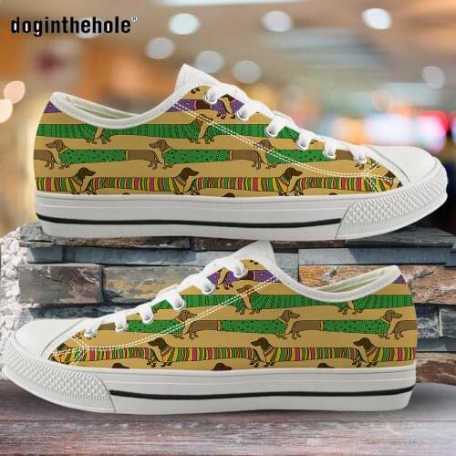 Doginthehole Cartoon Dachshund Dog Puppy Pattern Woman Low Top Canvas Shoes Spring Casual Lace Up Sneakers Fashion Footwear