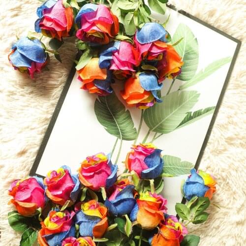 Artificial Flowers Colorful Rose Branch Flocked Fake Flowers for Wedding Decoration Rainbow Flores Plastic Flower Plant