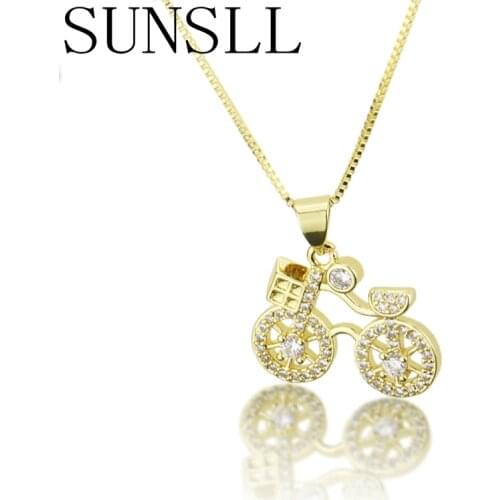 SUNSLL Copper Necklace Womens Classic Bicycle Gold Cubic Zirconia Pendant Necklace Party Pendant Engagement Jewelry Gifts
