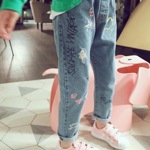 Fashion Printed Kids Jeans for Girls Spring Autumn Casual Loose Children Trousers Teenager Pants