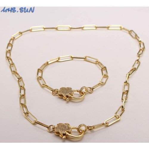 MHS.SUN Chunky Link Chain Necklace Bracelet With Cubic Zircon Flower Clasp Gold Color Choker For Women/Men Hip hop Jewelry Set