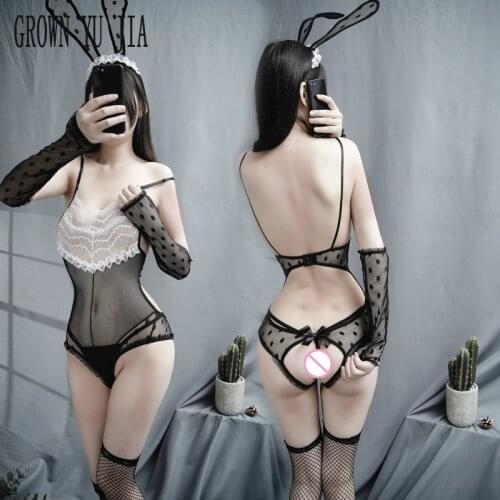 Sexy Backless Bunny Girl Uniform Mesh Stockings Set Porno Transparent Open Crotch Bodysuits Erotic Cosplay Costume Hot Lingerie