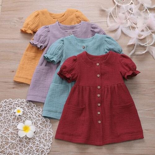Dress for Girls Summer Toddler Kids Baby Pocket Solid Linen Cotton Princess Casual Dress Clothes 1-5Y Breathable and Comfortable