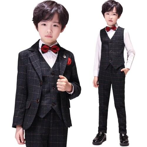 Flower Boys Formal Jacket+vest Pants Bowtie 4pcs Wedding Suit Gentleman Kids Birthday Dress Children Party Costume 3-16T