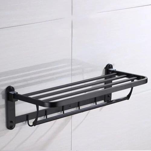 Foldable Bath Towel Rack Drilling Wall Mount Folding Towel Bar Shower Holder Towels Storage Shelf with Hook Bathroom Accessories
