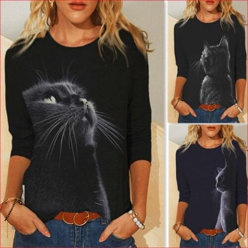 Spring Autumn Casual Ladies Tunic Tees Tshirts Women Harajuku Funny Cute Cat 3D Print Long Sleeve T Shirt Fashion Clothing Tops