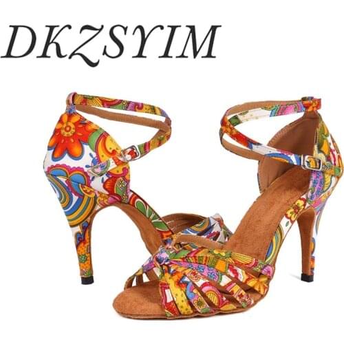 DKZSYIM Latin Dance Shoes For Women Female Ladies Ballroom Tango Dance Shoes Print Flowers Soft Bottom Salsa Dance Shoes 6-10CM