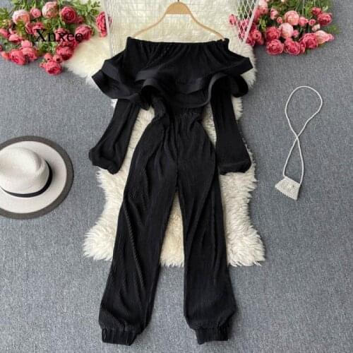 Spring and Autumn Womens Jumpsuit 3D Ruffled Strapless Bodysuit Sexy Puffy Long Sleeve Slim Waist Straight Pants Pleated Elegan