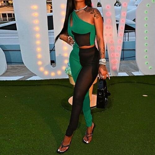 Chic Sheer Mesh Patchwork Women Skinny Trouser Suit One Shoulder Tank Top + Slim Long Pants Club Party 2Pcs Sets Streetwear 2021