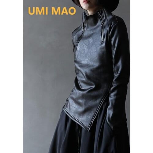 UMI MAO Dark Yamamoto Style Irregular Stand Collar Diagonal Zipper Faux Leather Sweatshirt Female Cool