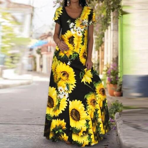 Summer Sunflower Print Ruffle Bohemian Party Dress New Spring V Neck Loose Floor-Length Dress Women Short Sleeve Sexy Long Dress