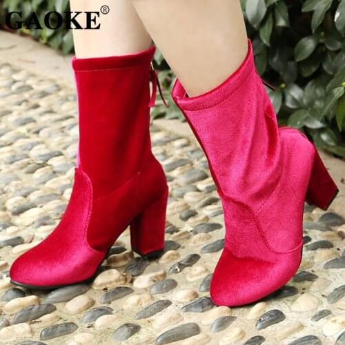 2019 Spring Woman Platform Boots Woman Shoes Woman Rubber Boots Lady High Heel Shoes Round Toe Female Footwear Flock Boots