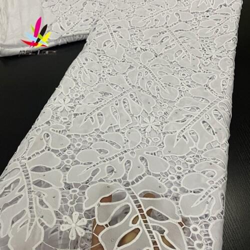 2020 Chiffon Lace African Pure White Leaf Dress Styles Aso Ebi Guipure Fabric Cotton Soft Guipure Stones Rhinestone High Quality