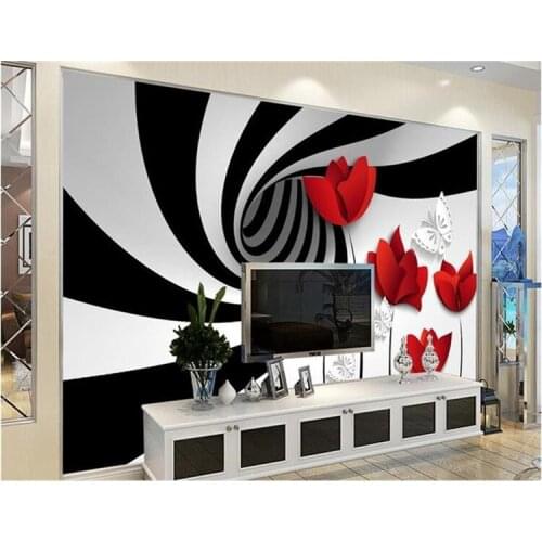 Custom photo 3d wallpaper three-dimensional space black and white stripes hand-painted flowers wallpaper mural living room wall