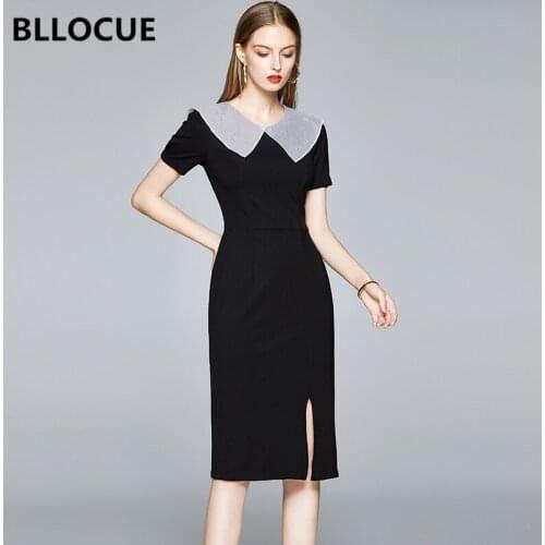 BLLOCUE Black Slim Bodycon Dress 2020 Summer New Women Doll Collar Short Sleeve Sexy Before Split Elegant Pencil Dress Vestidos
