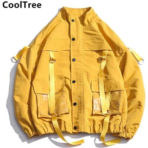 CoolTree Men Bomber Jackets Spring Autumn Ribbons Pockets Casual Overalls Coats Male Harajuku Hip Hop Outerwear Loose Streetwear