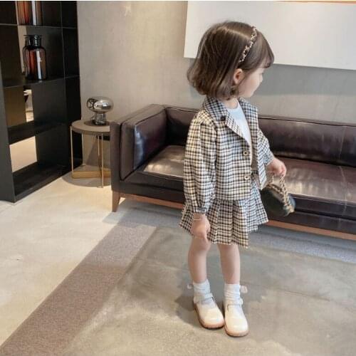 2021 Korea style girls 2 pcs set plaid coat+skirt autumn cotton kids suit 1-7 years WU310