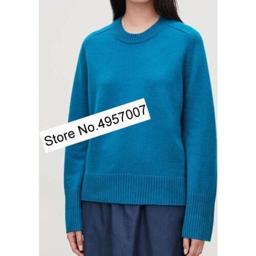 Elfbop Women Blue Round Neck Long Sleeve Knitted Jumper Pullover Top - Ladies Knitting Sweater