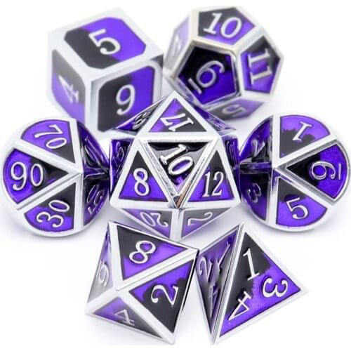 Haxtec Metal DND Dice Set Silver Purple Black Polyhedral D D Dice for RPG Games