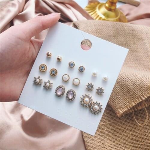 Classic Oval Rhinestone Pearl Earrings Set Summer Fashion Women Korean Sun Star Shape Wedding Ins Jewelry