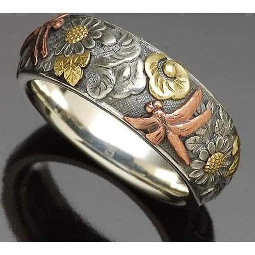 Vintage Dragonfly Rings for Women Classic Metal Sunflower Wedding Rings Female Promise Jewelry Ring Size 6 7 8 9 10