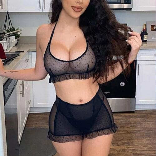 Lace Underwear Women Sexy Bra Set Transparent Mesh Underwear Set Sexy Suspenders Sexy Top Gather Chest Top Panty Set