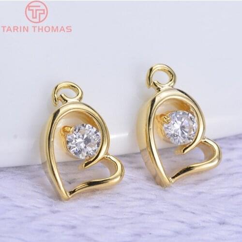 327) 6PCS 11x7MM 24K Gold Color Plated Brass with Zircon Heart Pendants Charms High Quality DIY Jewelry Making Findings