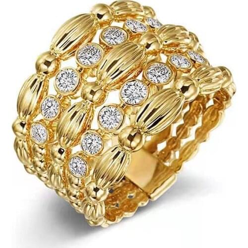 Hot Sale Gold Color Hollow Geometric Oval Rhinestone Crystal Ring for Women Party Wedding Jewelry Female Accessories
