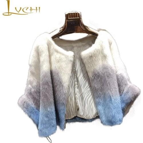LVCHI 2019 Real Mink Fur Coats Womens Coat Full Pelt Causal Half Batwing Sleeve Pullover Contrast Color Slim New Mink Coats