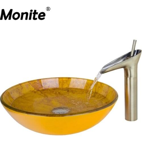 Monite Artist Tempered Glass Bathroom Designer Vessel Sink Basin Bowl With the Nickel Brushed Faucet And Pop Up Drain Sink Set