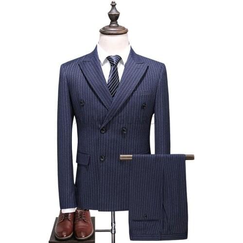 Mens Double Breasted Suit Slim Fit Vertical Striped Suit Men 5XL Plus Size Luxury Wedding Suits Formal Wear