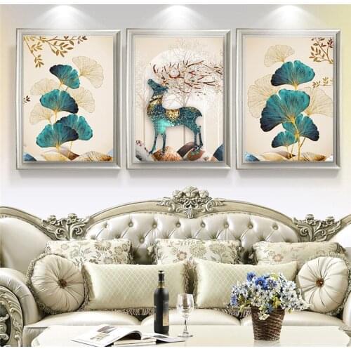 Wall Art Canvas Painting Abstract Luxury Ginkgo Leaf Flower Deer Poster Green Print Home Decor for Living Room Design Picture
