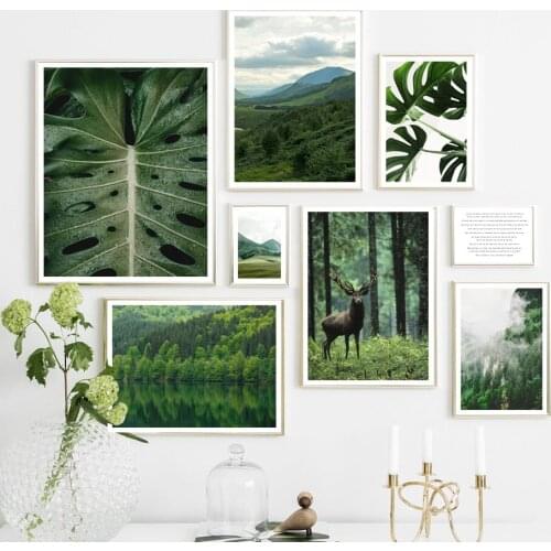 Natural Forest Deer Monstera Leaf Plant Wall Art Canvas Painting Nordic Posters And Prints Wall Pictures For Living Room Decor
