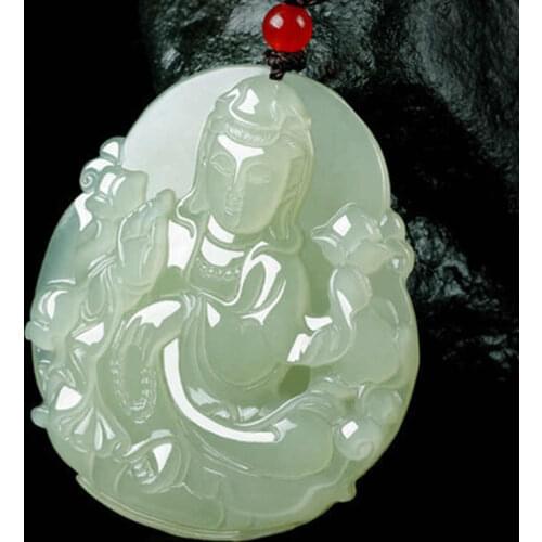 Natural Hetian Jade Green White Jade Guanyin Pendant Lotus Guanyin Men and Women Pendant Pendant Jade Jewelry Necklace