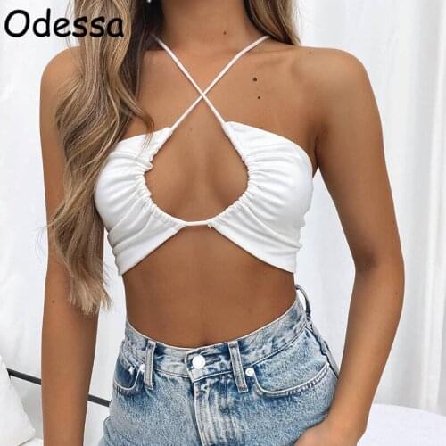 Odessa Spring Summer White Sleeveless Sexy Hollow Out Crop Tops Women Black Party Casual Tank Tops Ladies Backless Camis 2021